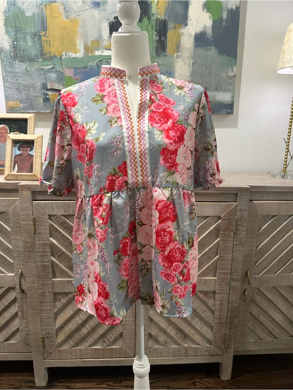 Floral Peasant Babydoll Top in Pink and Soft Blue